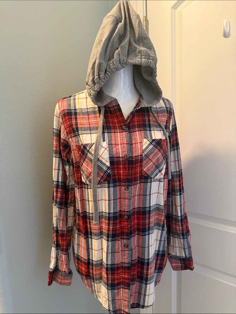 Natural Reflections Red, Navy & Cream Plaid Hooded Flannel